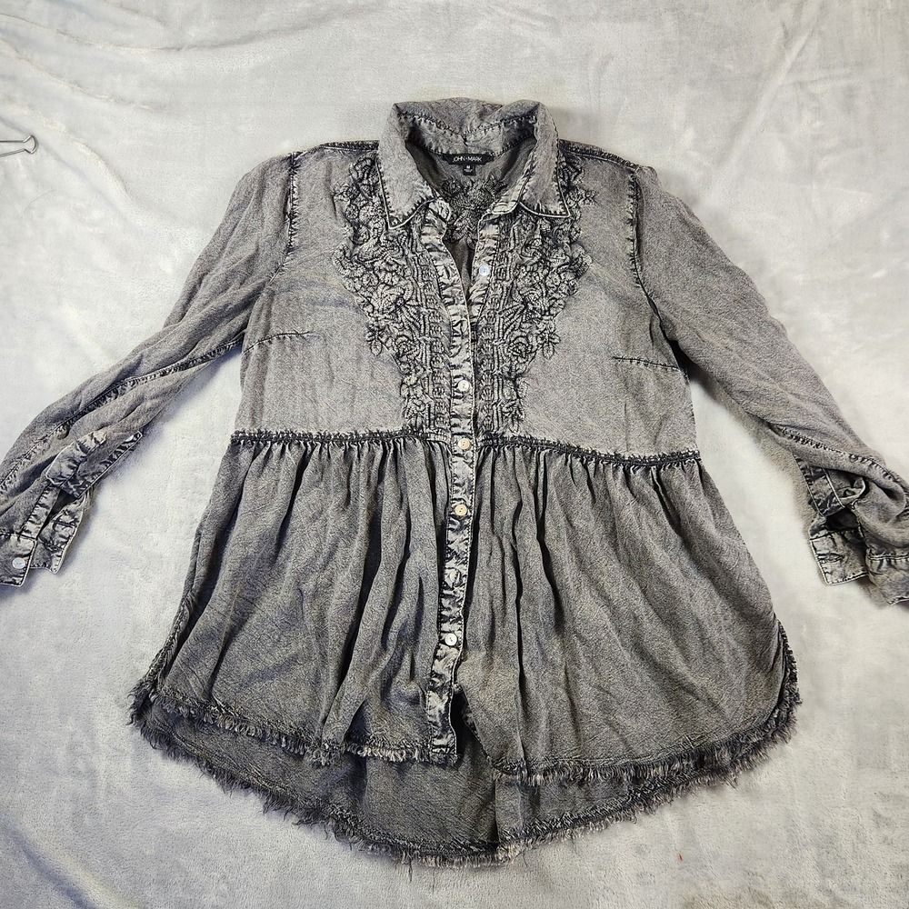 John Mark Embroidered Womens M Gray  Tiered Boho Peasant Blouse Whimsigoth